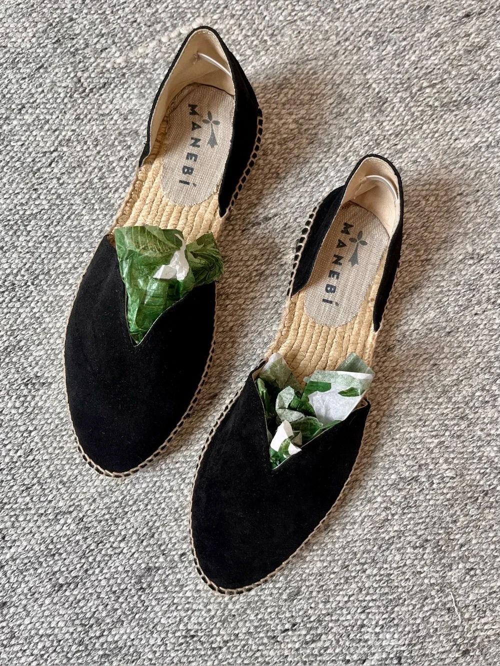 Manebi 38 Hamptons open side espadrille flats black suede US 8